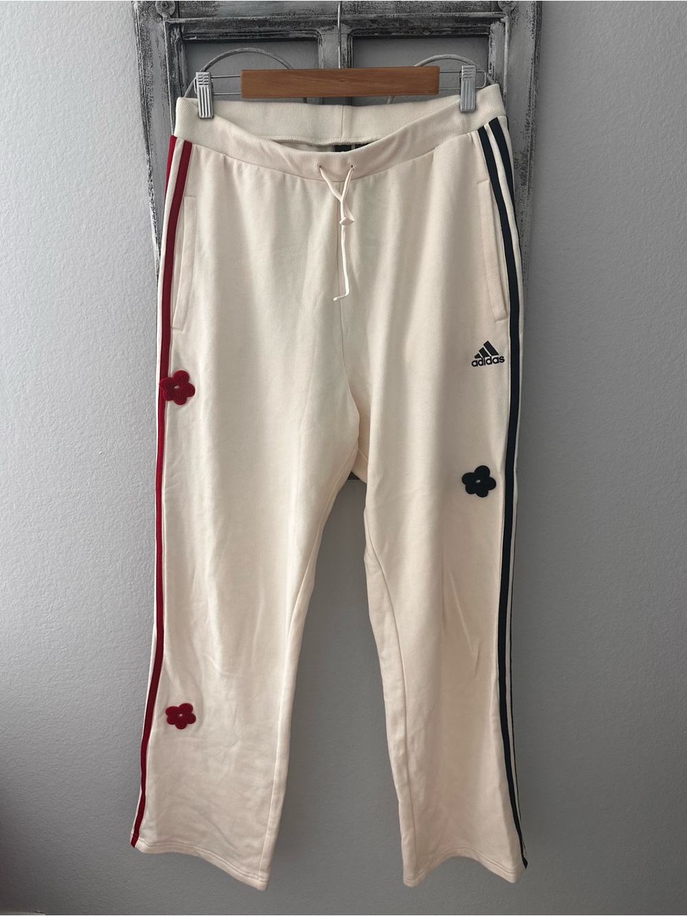 Adidas Women’s Cream Track Pants with Red and Black Flowers and Stripe Accents